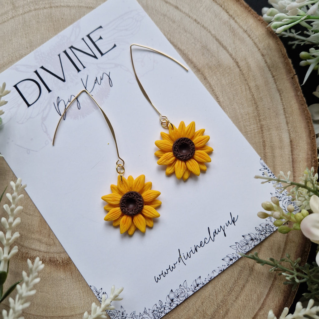 Handmade Sunflower Clay Dangle Earrings: Gold Plated Hooks