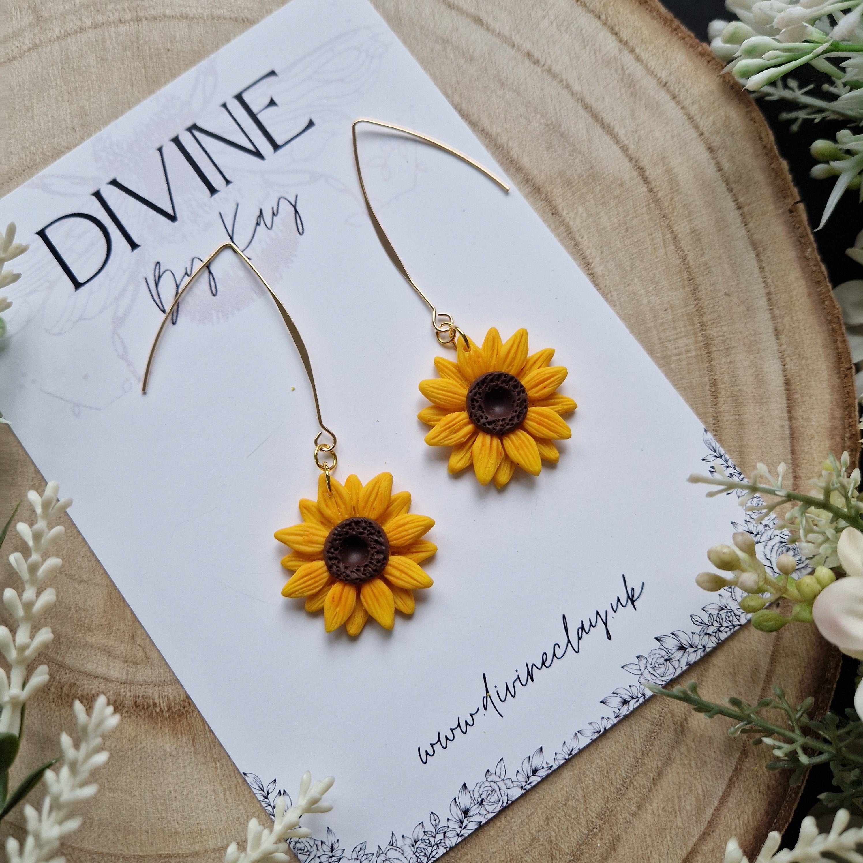 Handmade Sunflower Clay Dangle Earrings: Gold Plated Hooks