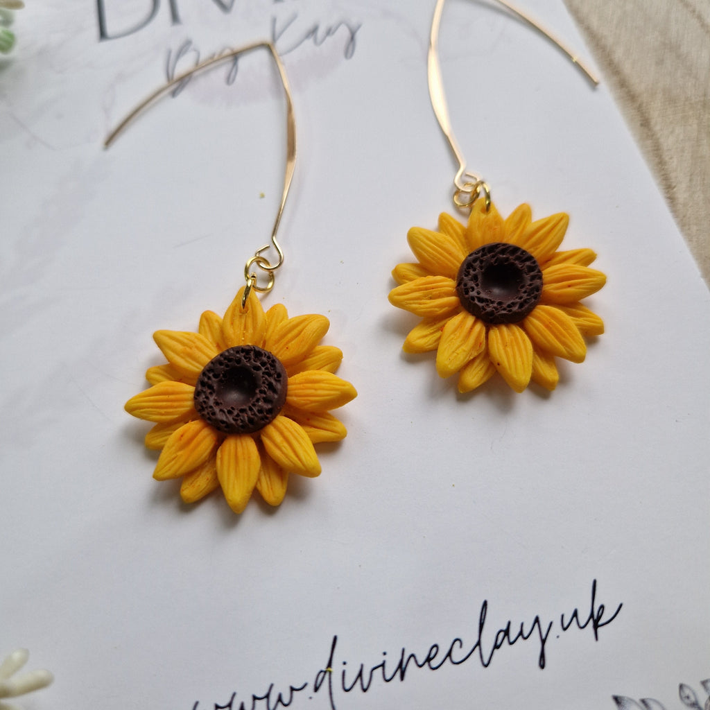 Handmade Sunflower Clay Dangle Earrings: Gold Plated Hooks