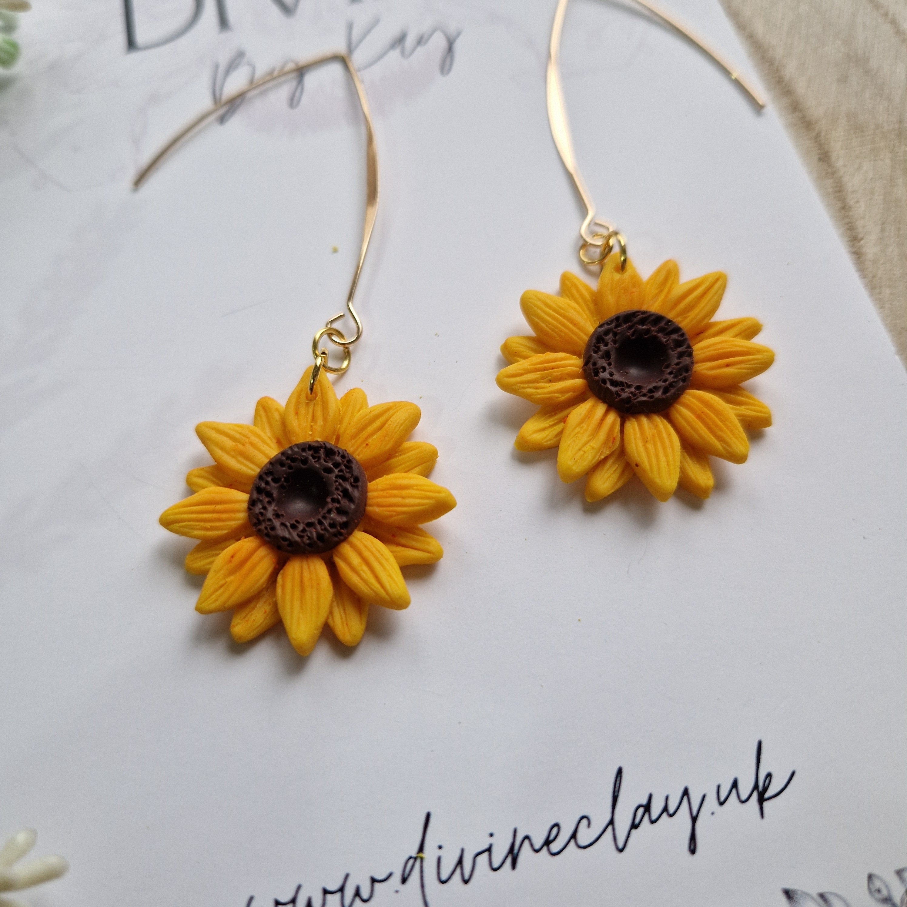 Handmade Sunflower Clay Dangle Earrings: Gold Plated Hooks
