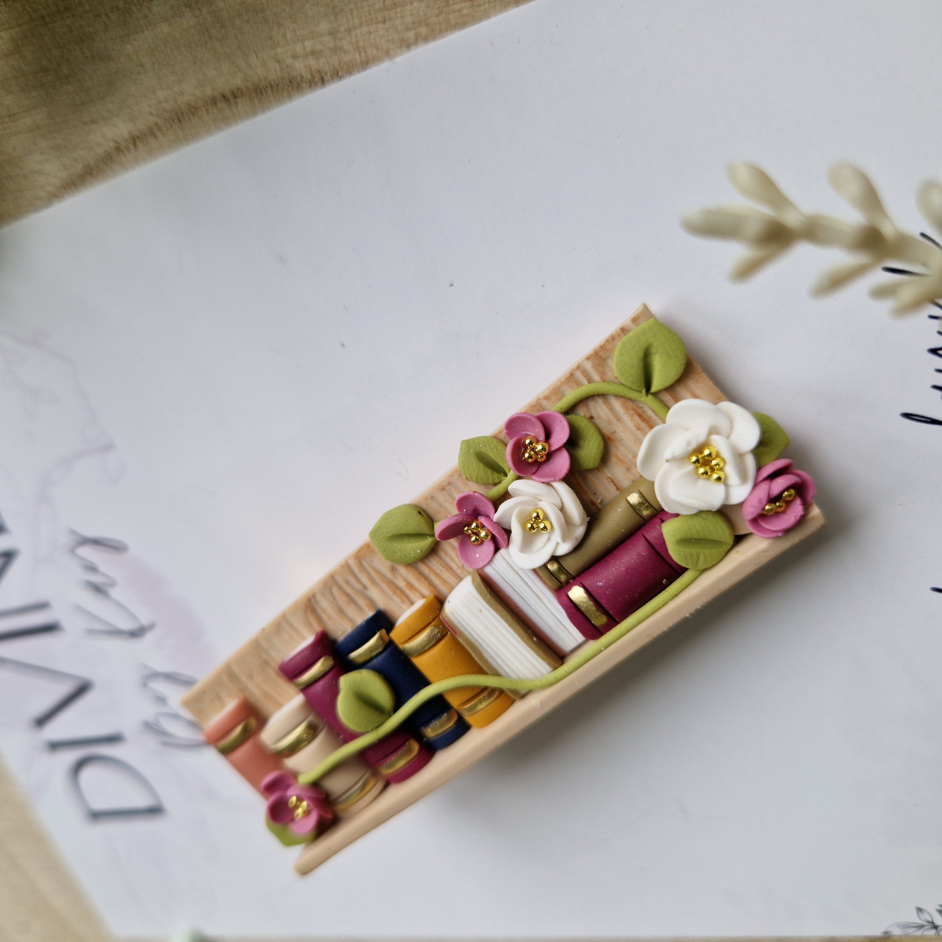 Handmade Clay Bookshelf Hair Clip: Floral Bookworm Gift