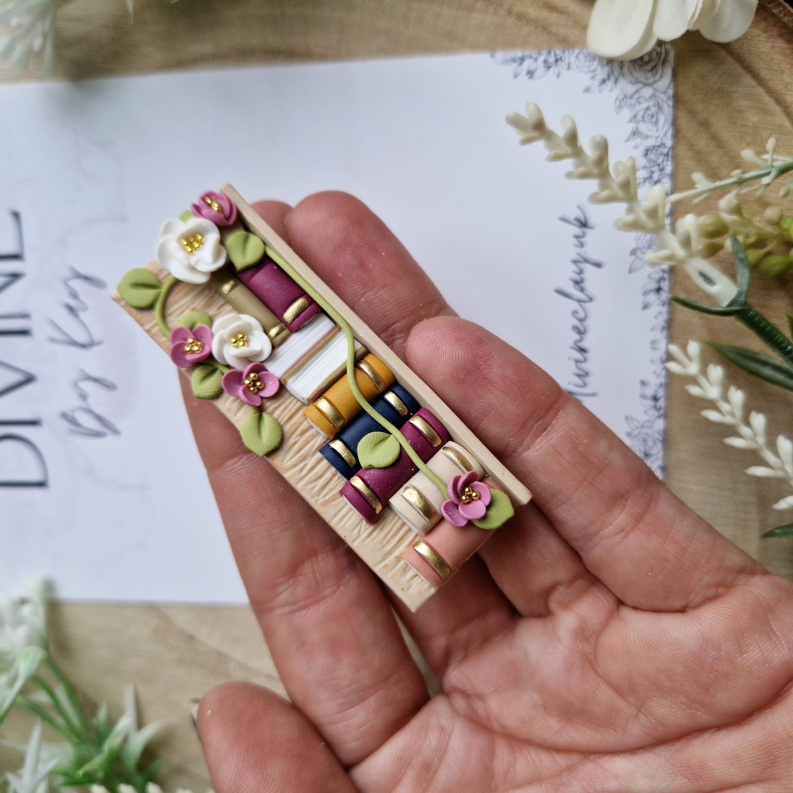 Handmade Clay Bookshelf Hair Clip: Floral Bookworm Gift