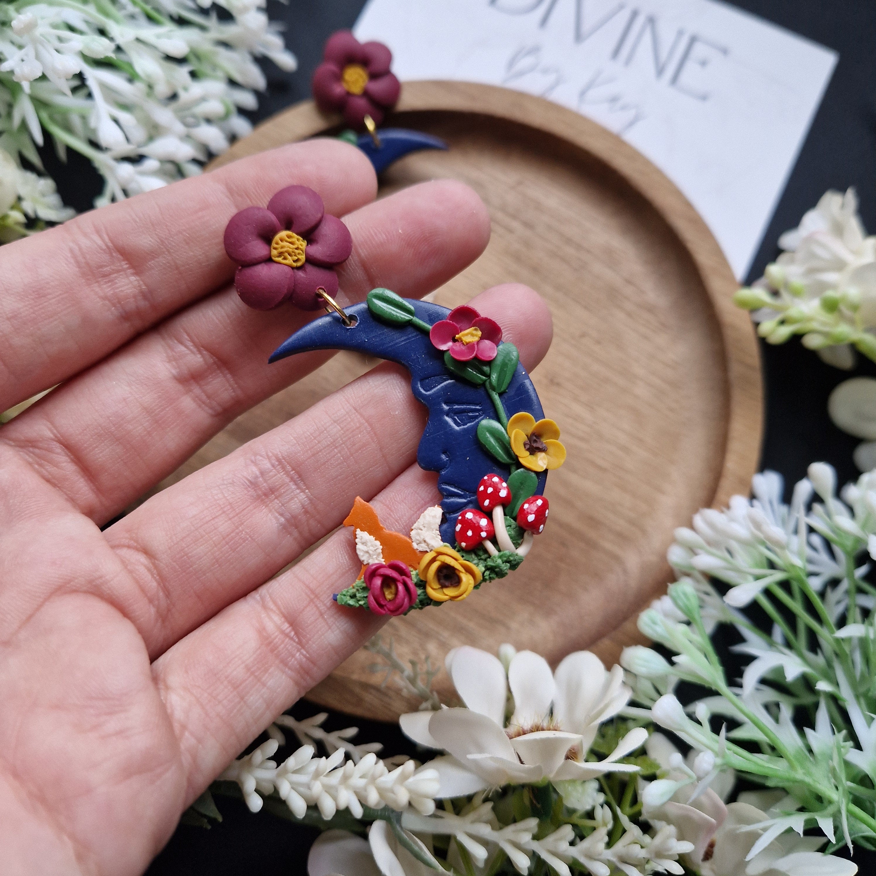 Clay Fox Moon Earrings: Cottagecore Woodland Jewelry