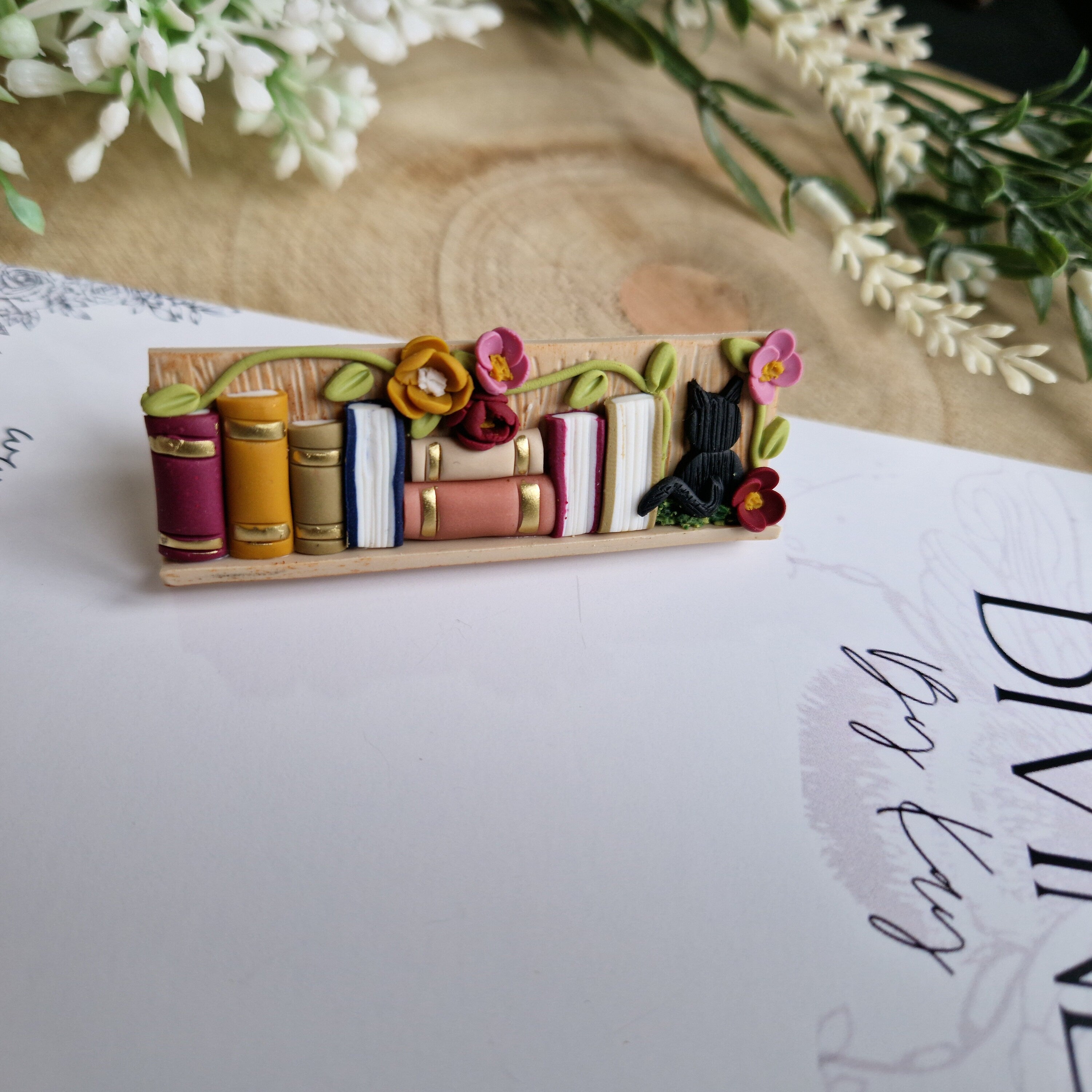 Clay Bookcase Hair Clip: Handmade Cat & Books Accessory
