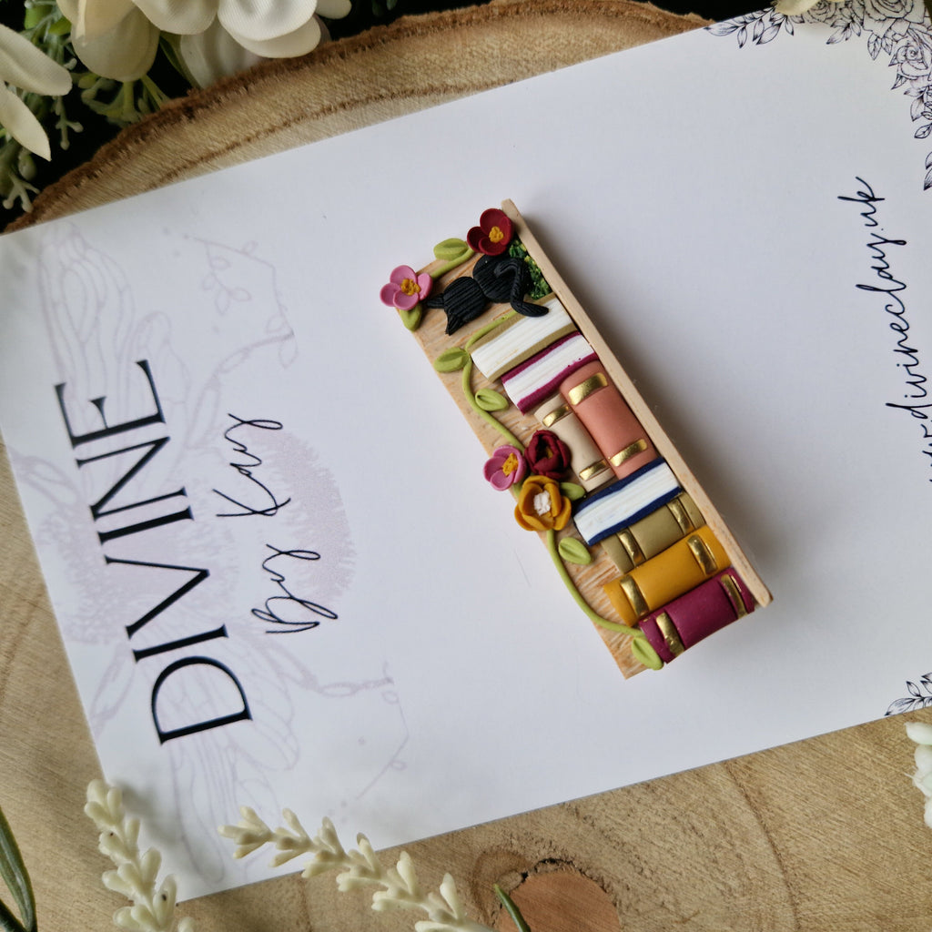 Clay Bookcase Hair Clip: Handmade Cat & Books Accessory