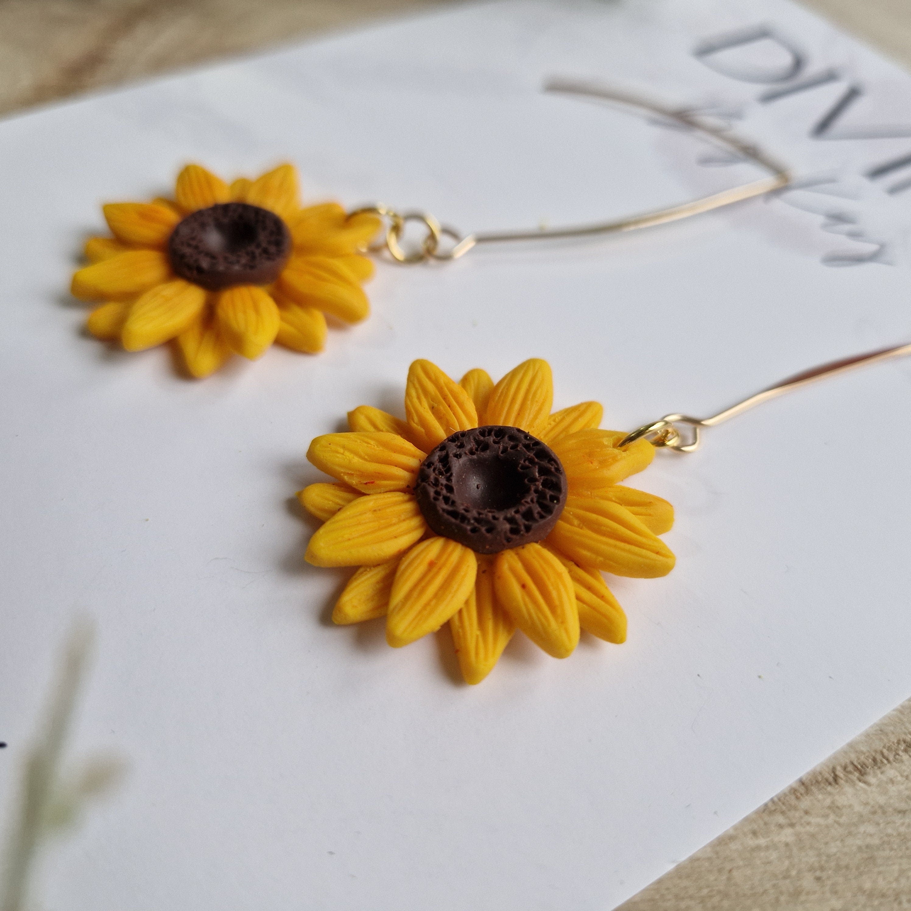 Handmade Sunflower Clay Dangle Earrings: Gold Plated Hooks