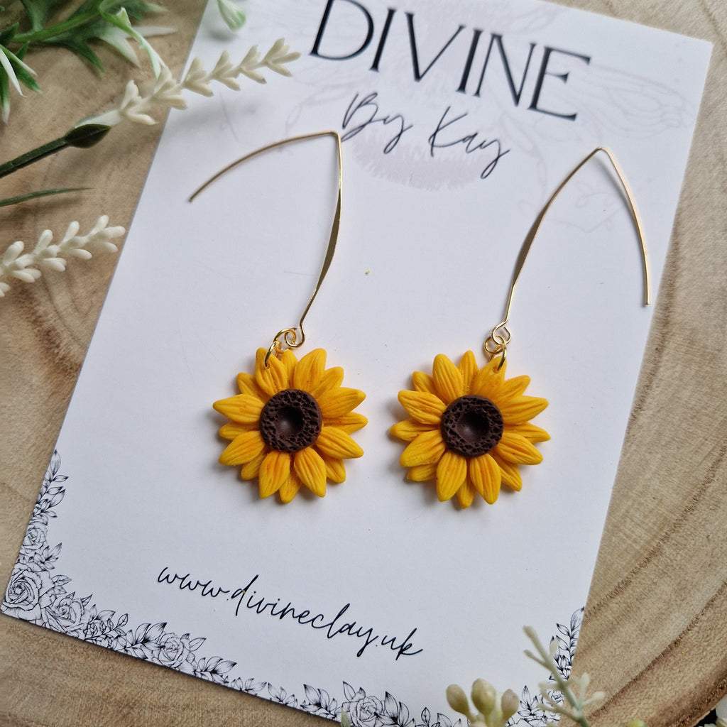 Handmade Sunflower Clay Dangle Earrings: Gold Plated Hooks