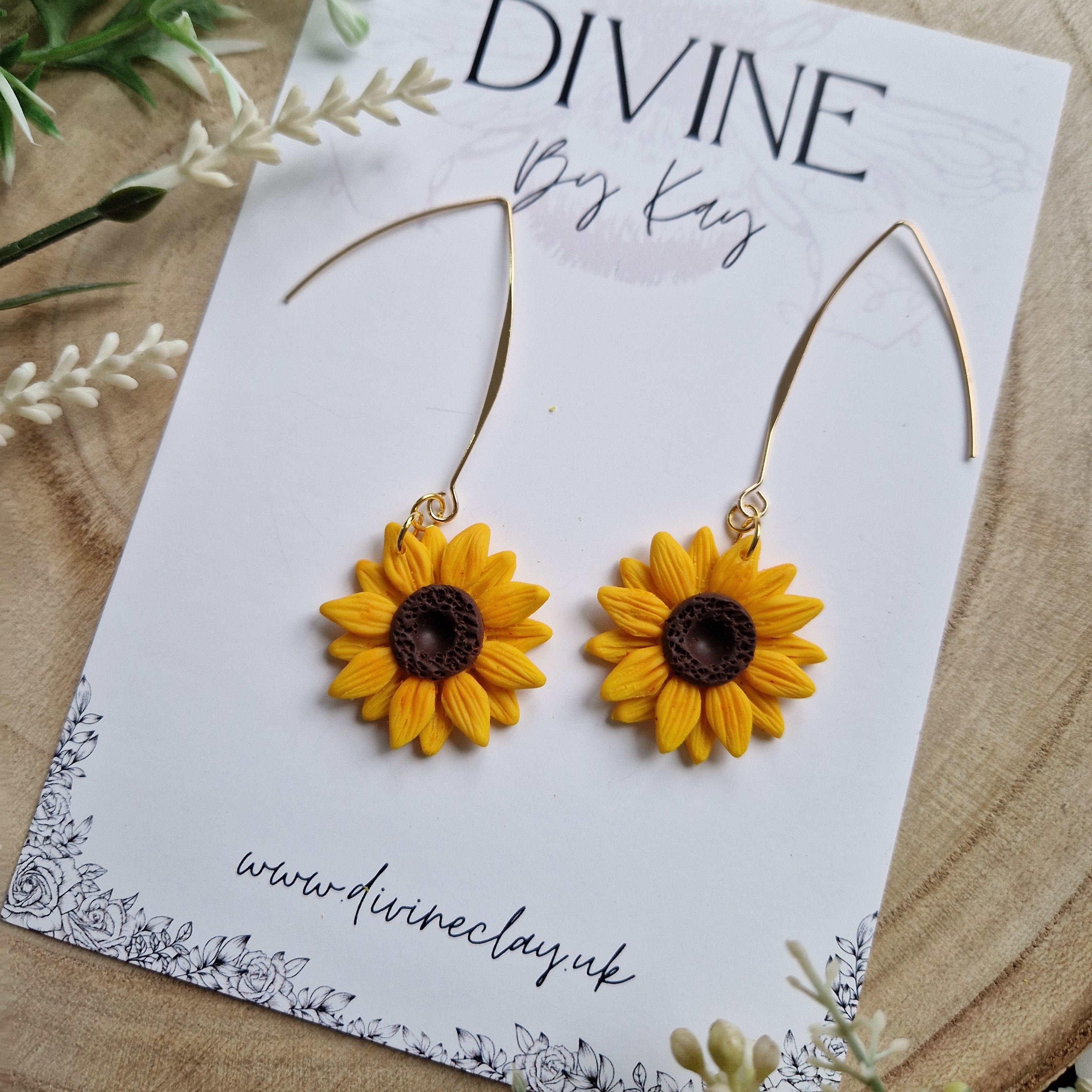 Handmade Sunflower Clay Dangle Earrings: Gold Plated Hooks