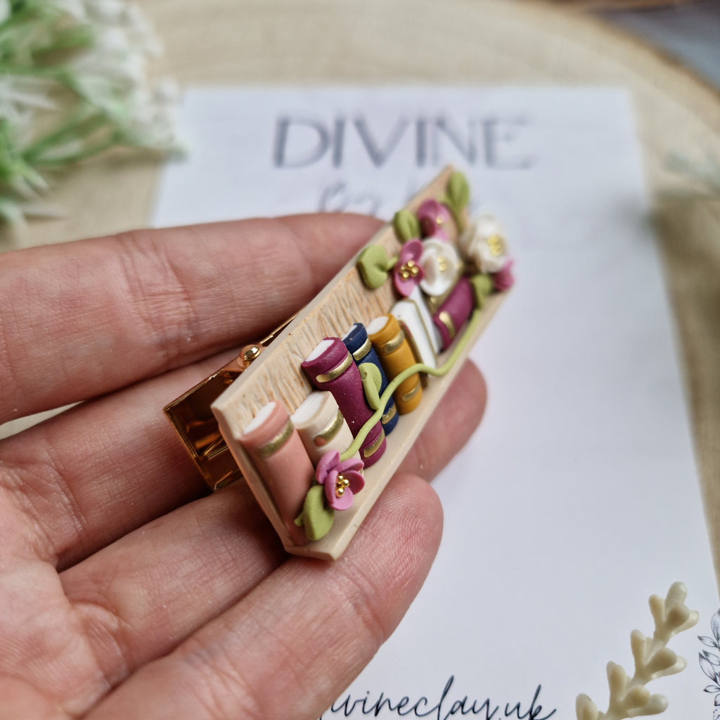 Handmade Clay Bookshelf Hair Clip: Floral Bookworm Gift