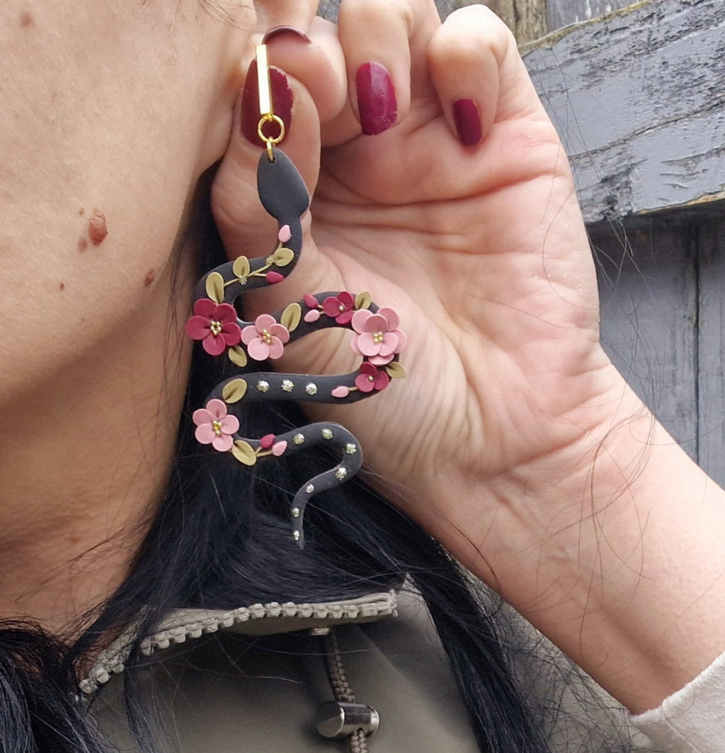 Handmade Clay Snake Earrings: Floral Statement Jewelry