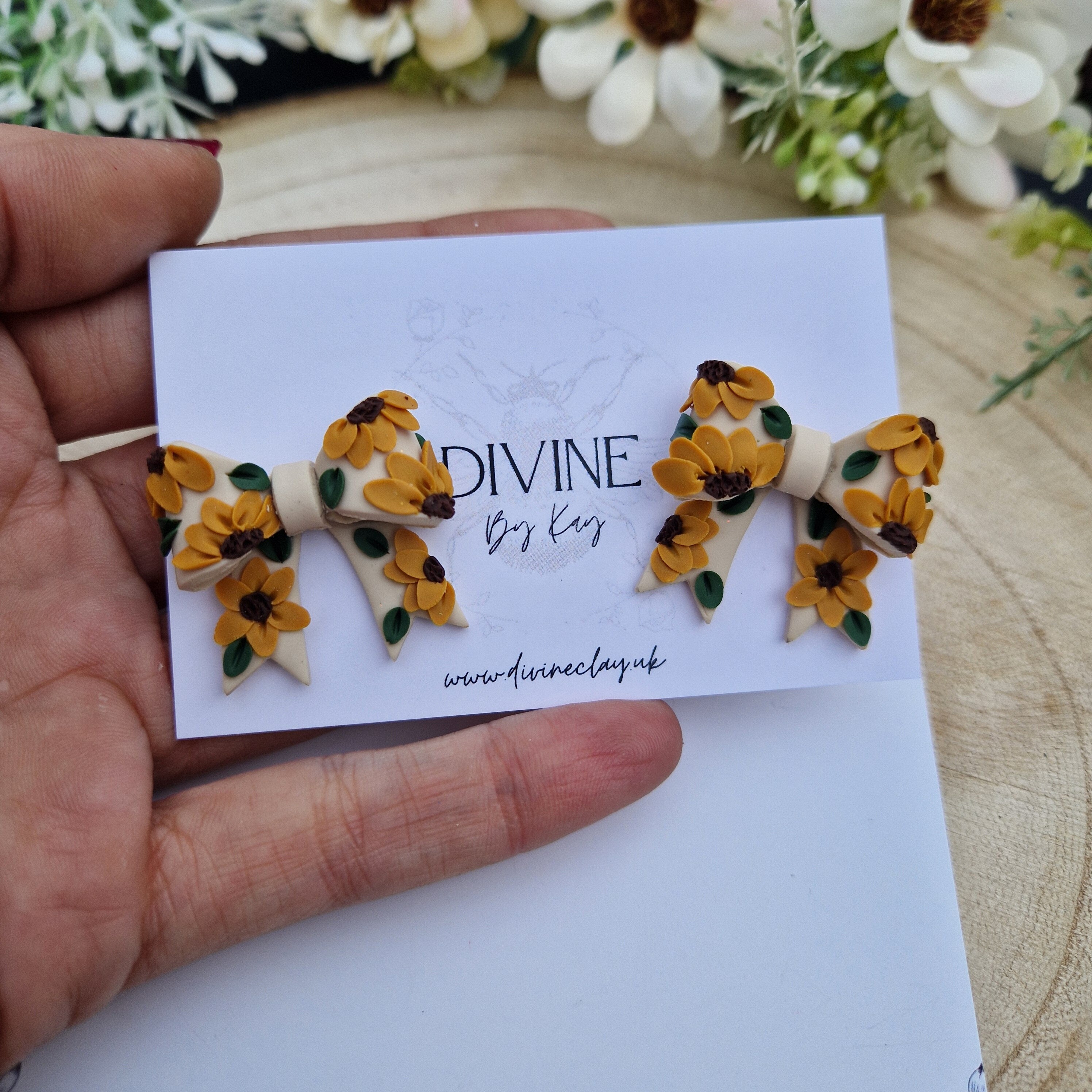 Clay Bow Stud Earrings: Floral Surgical Steel Posts