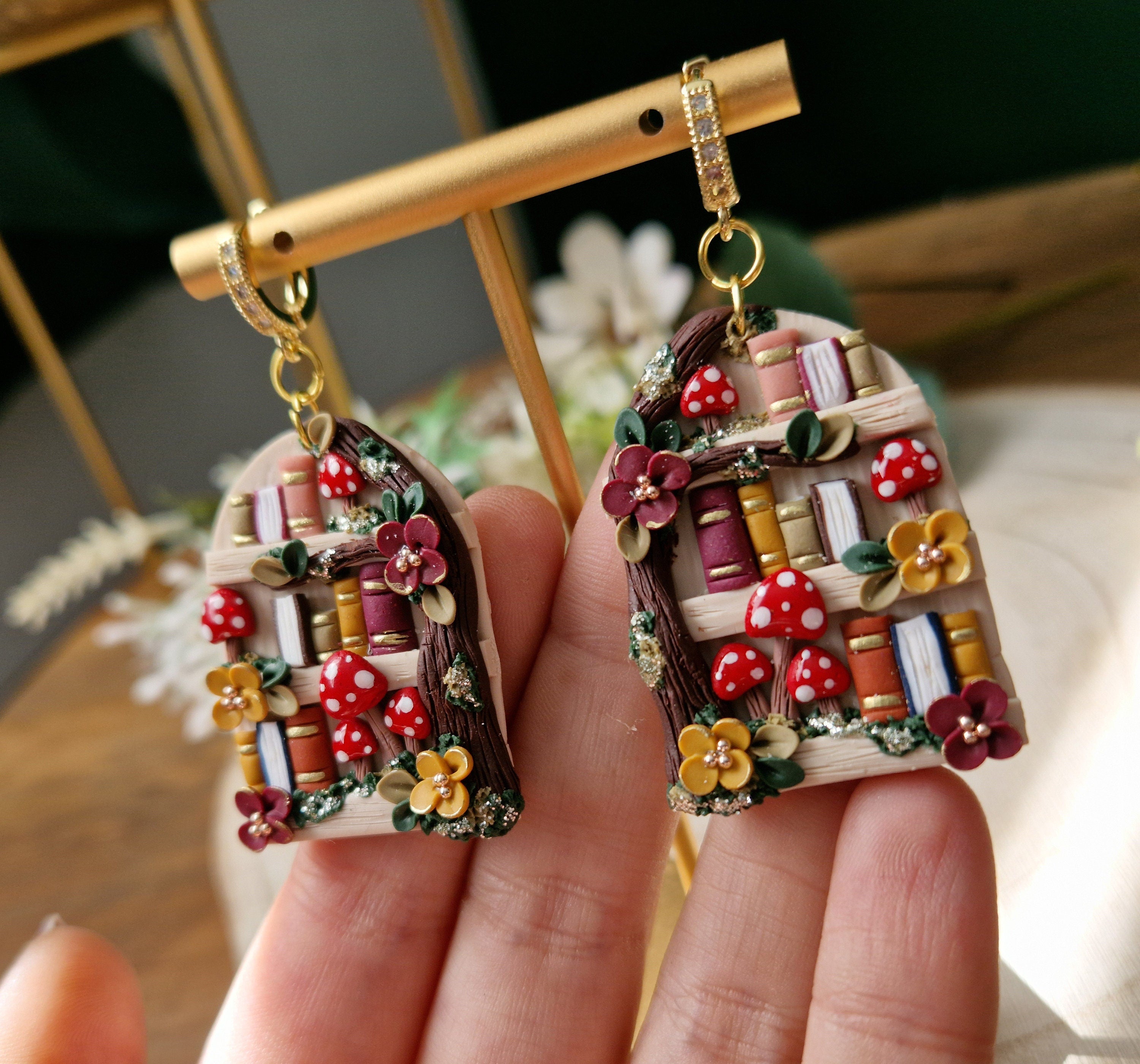 Mushroom Bookshelf Earrings: Handmade Clay Dangle Earrings