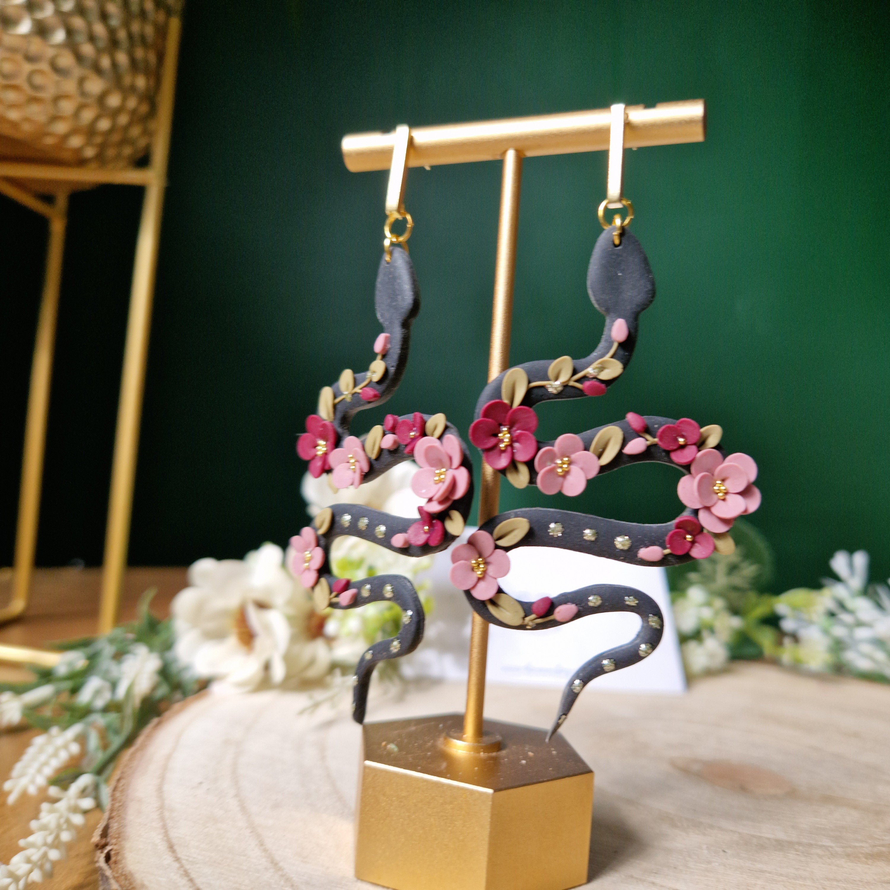 Handmade Clay Snake Earrings: Floral Statement Jewelry