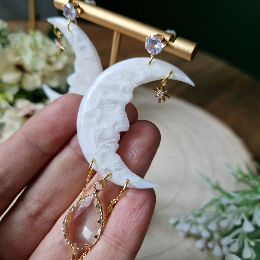 Clay Moon Dangle Earrings, CZ Star Charm, Gold Chain