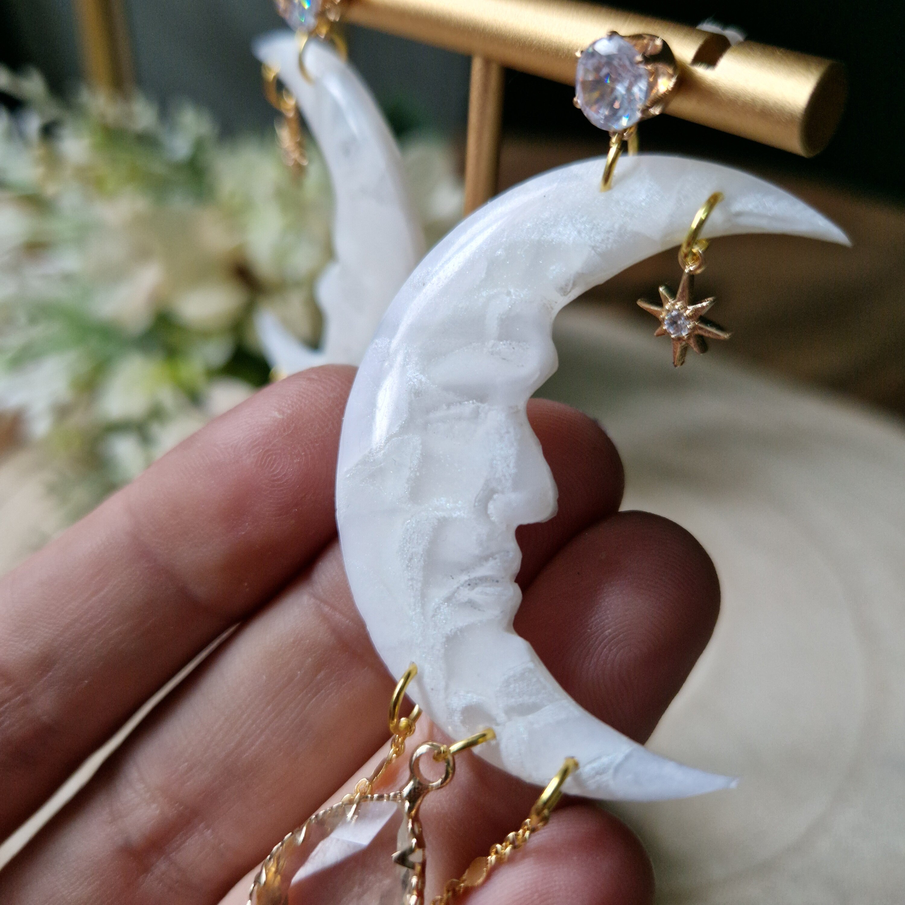 Clay Moon Dangle Earrings, CZ Star Charm, Gold Chain