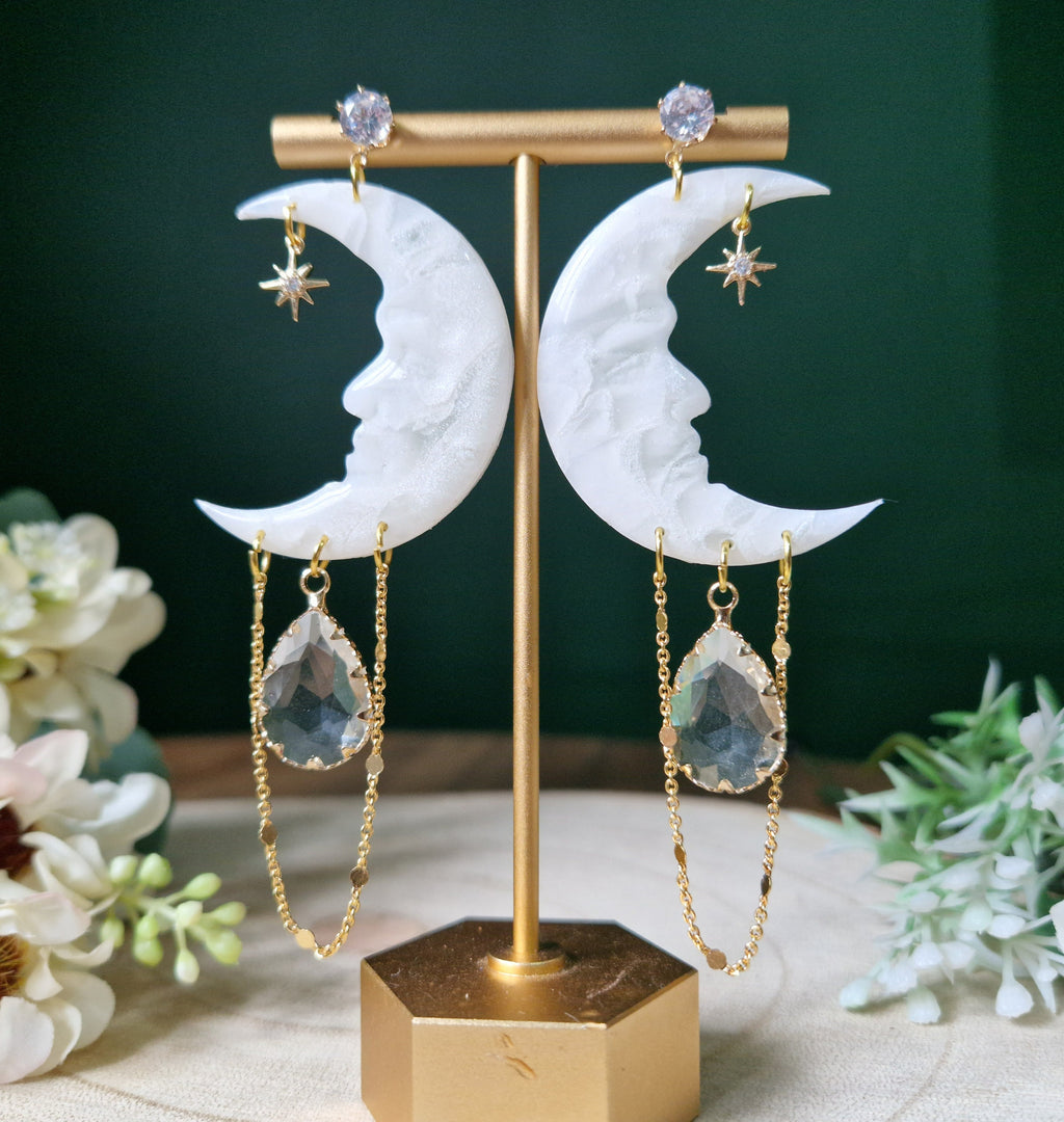 Clay Moon Dangle Earrings, CZ Star Charm, Gold Chain
