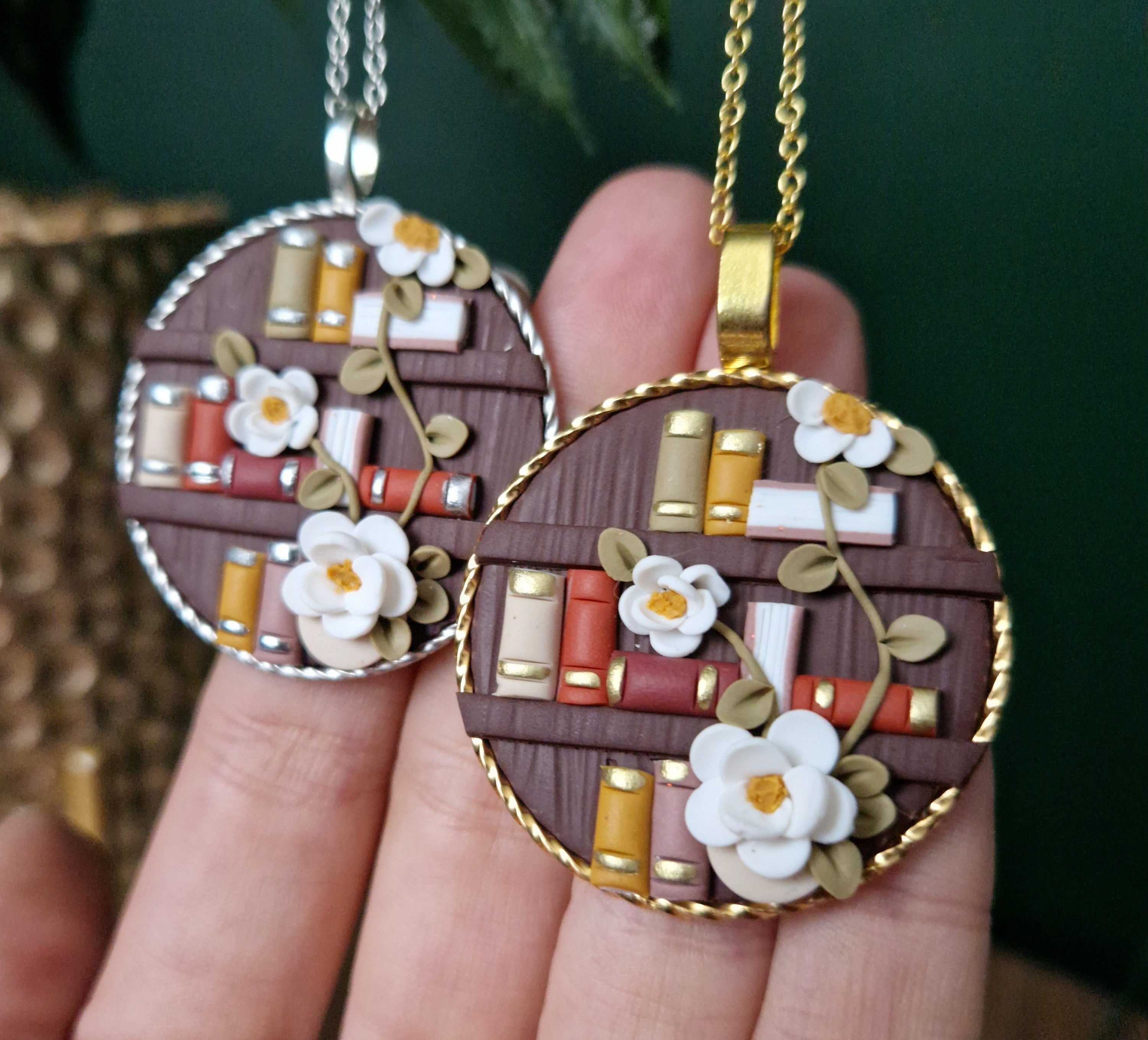 Floral Bookcase Necklace, Polymer Clay Pendant, Handmade Book Lover Jewellery