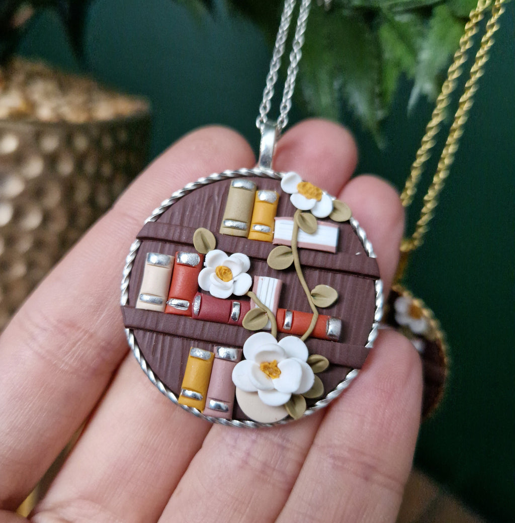 Floral Bookcase Necklace, Polymer Clay Pendant, Handmade Book Lover Jewellery