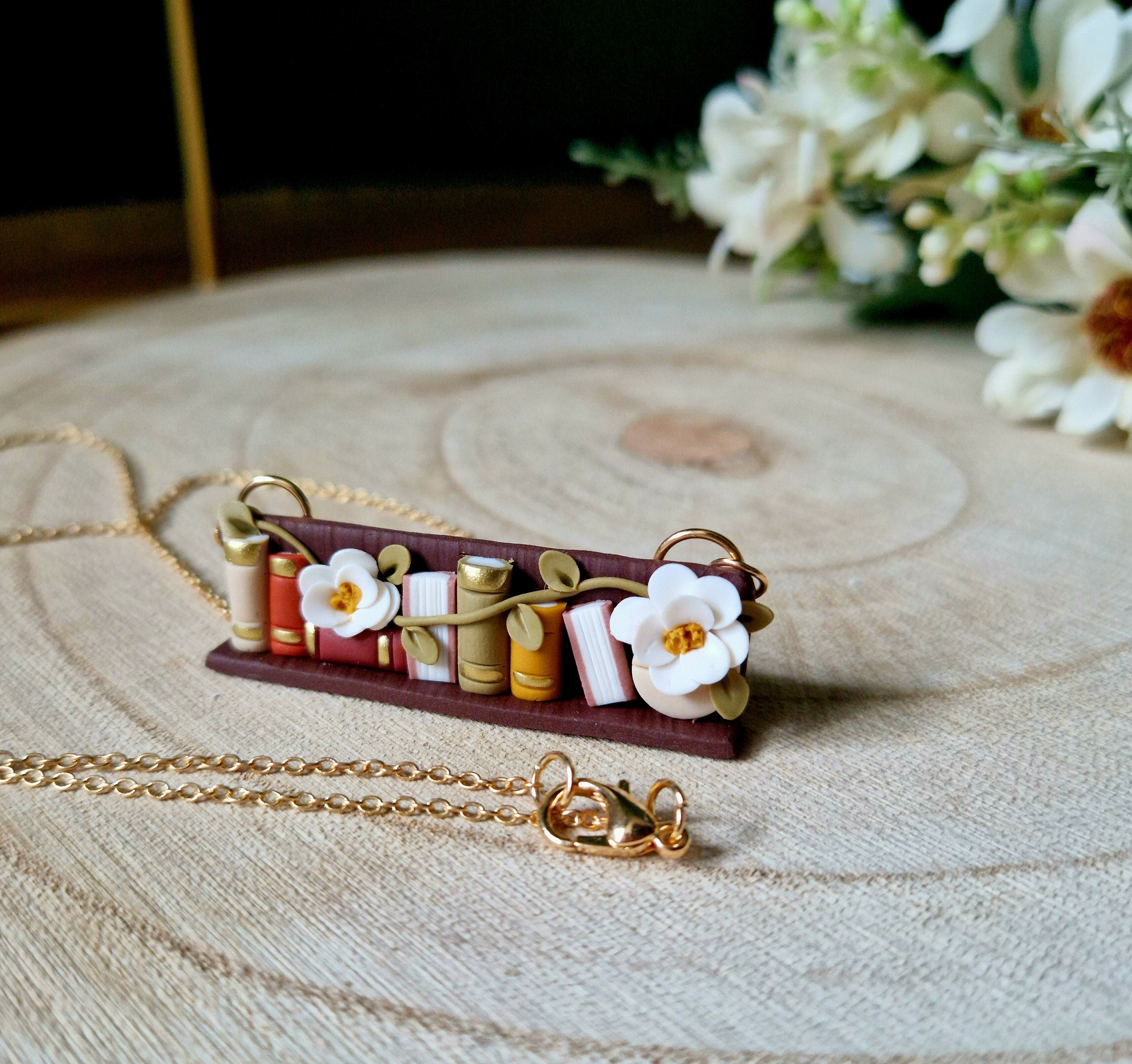 Clay Bookcase Necklace: Handcrafted Floral Gold Plated Bezel