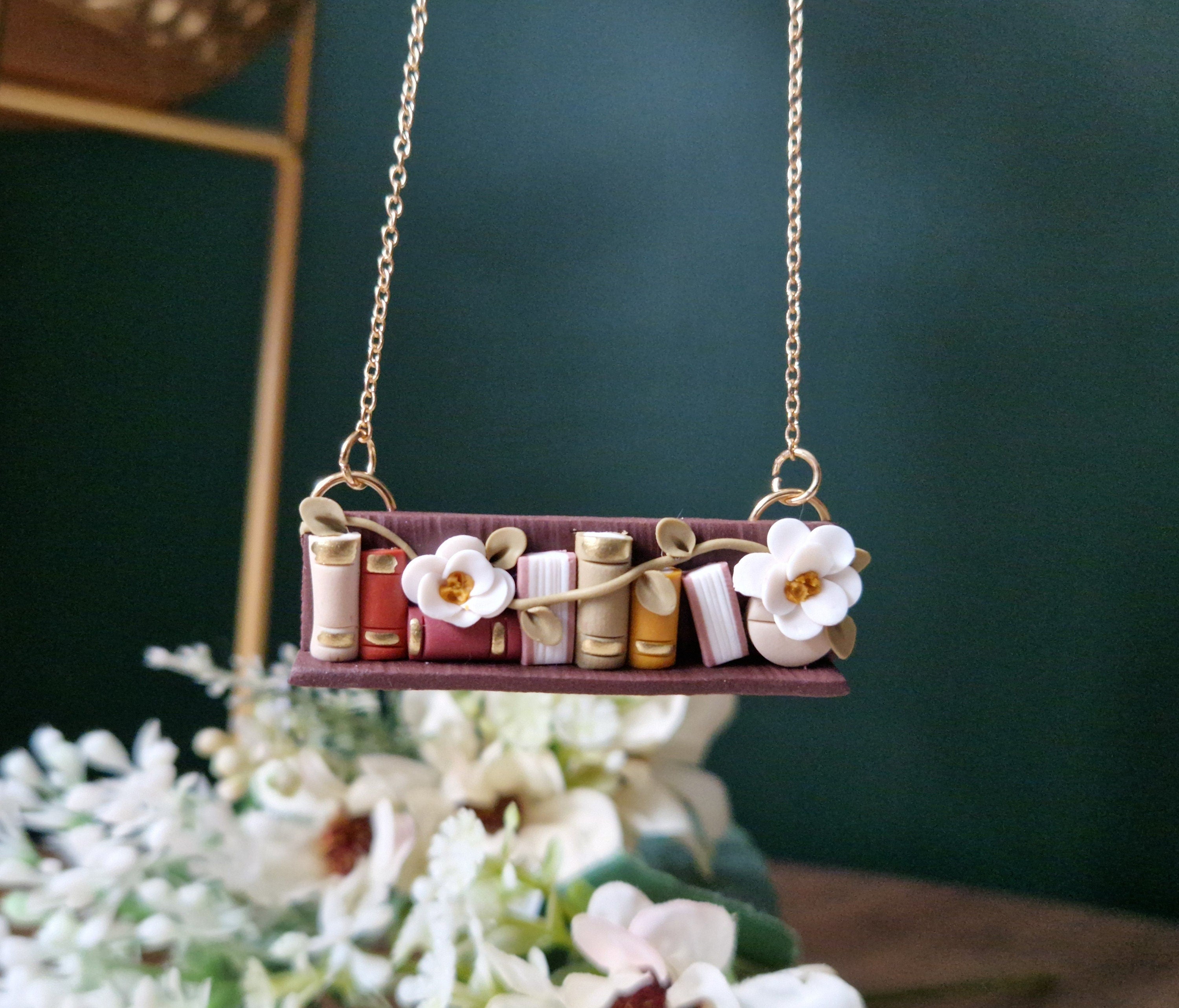 Clay Bookcase Necklace: Handcrafted Floral Gold Plated Bezel