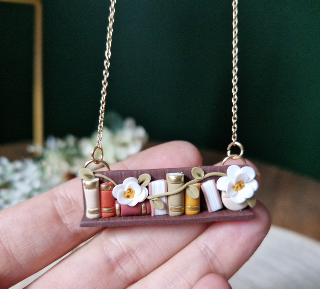 Clay Bookcase Necklace: Handcrafted Floral Gold Plated Bezel