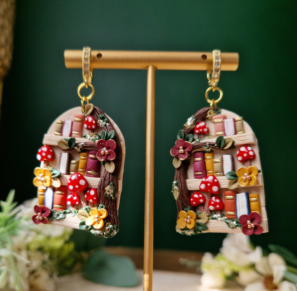 Mushroom Bookshelf Earrings: Handmade Clay Dangle Earrings