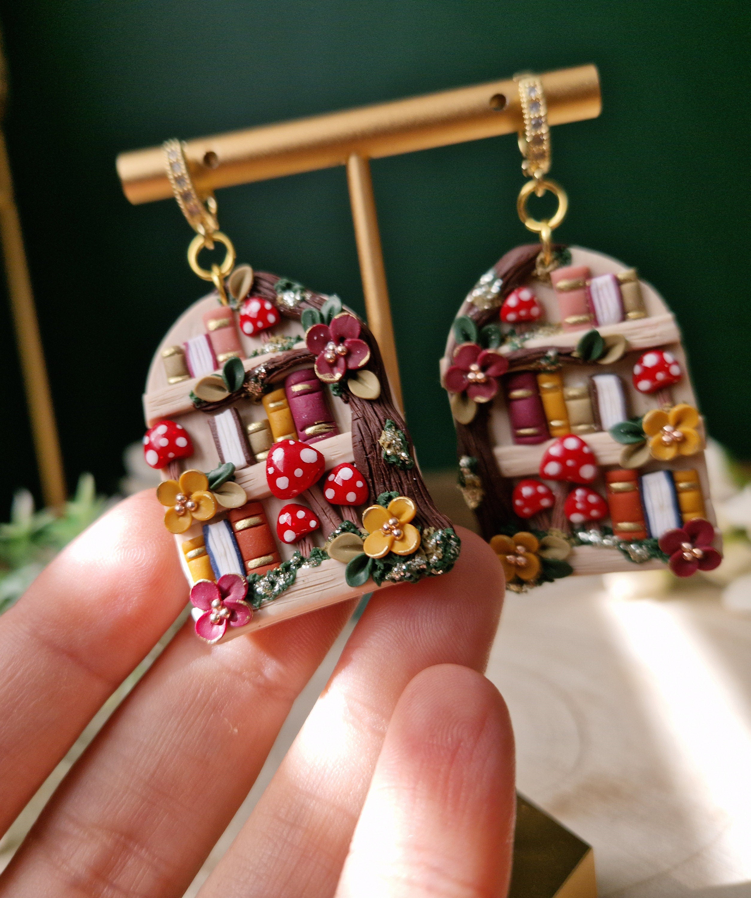 Mushroom Bookshelf Earrings: Handmade Clay Dangle Earrings