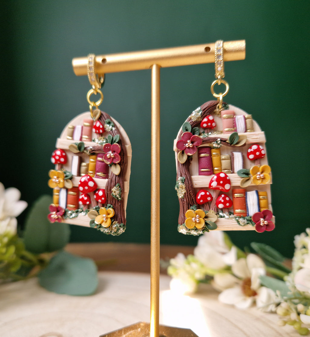 Mushroom Bookshelf Earrings: Handmade Clay Dangle Earrings