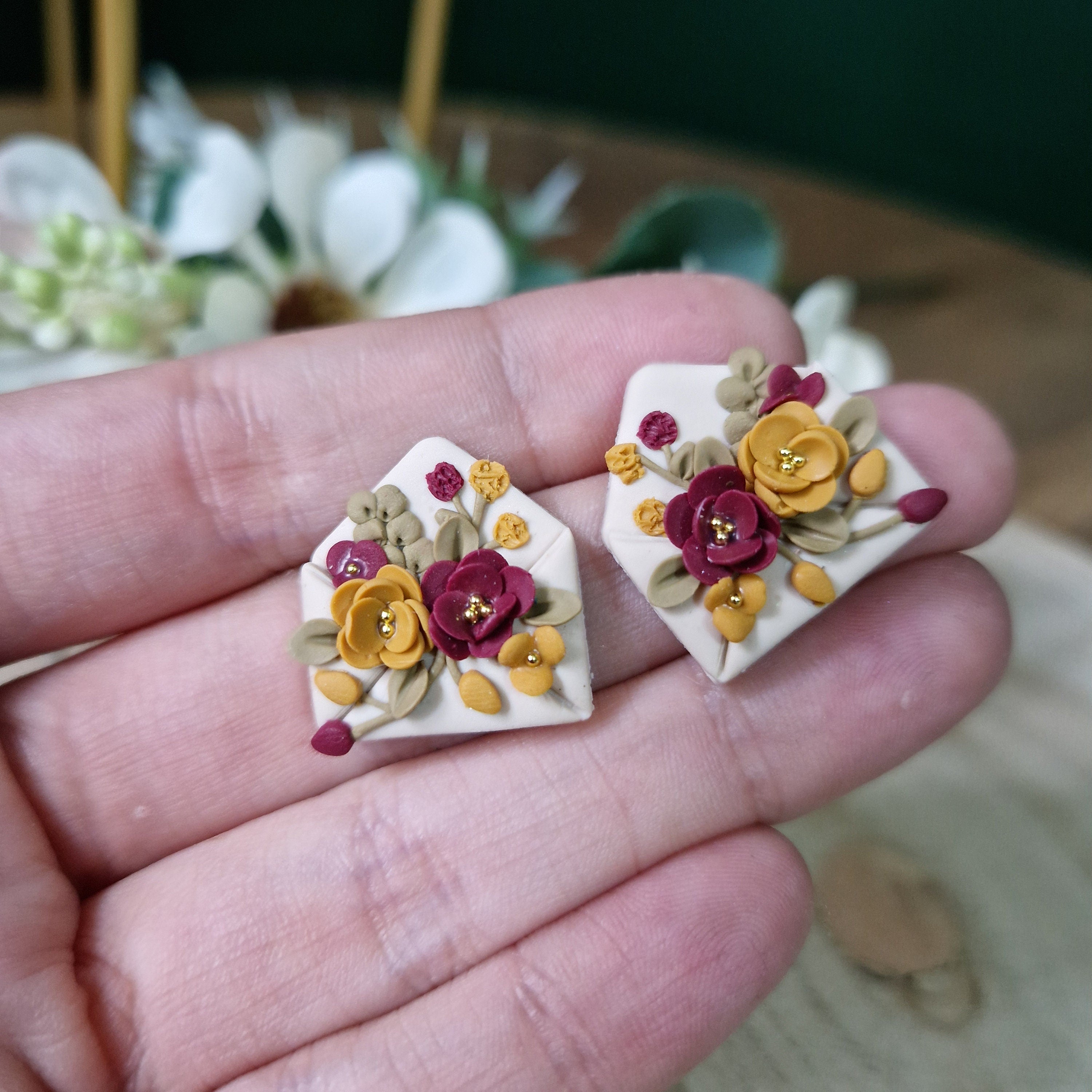 Floral Envelope Stud Earrings: Handmade Clay Jewelry