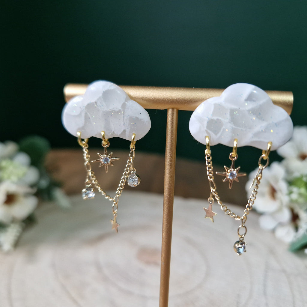 Dainty Cloud Stud Earrings: 18k Gold CZ Star Dangle Earrings