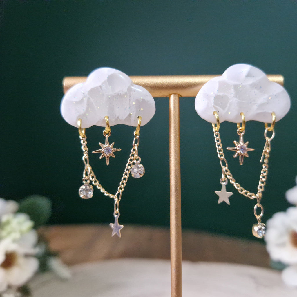 Dainty Cloud Stud Earrings: 18k Gold CZ Star Dangle Earrings
