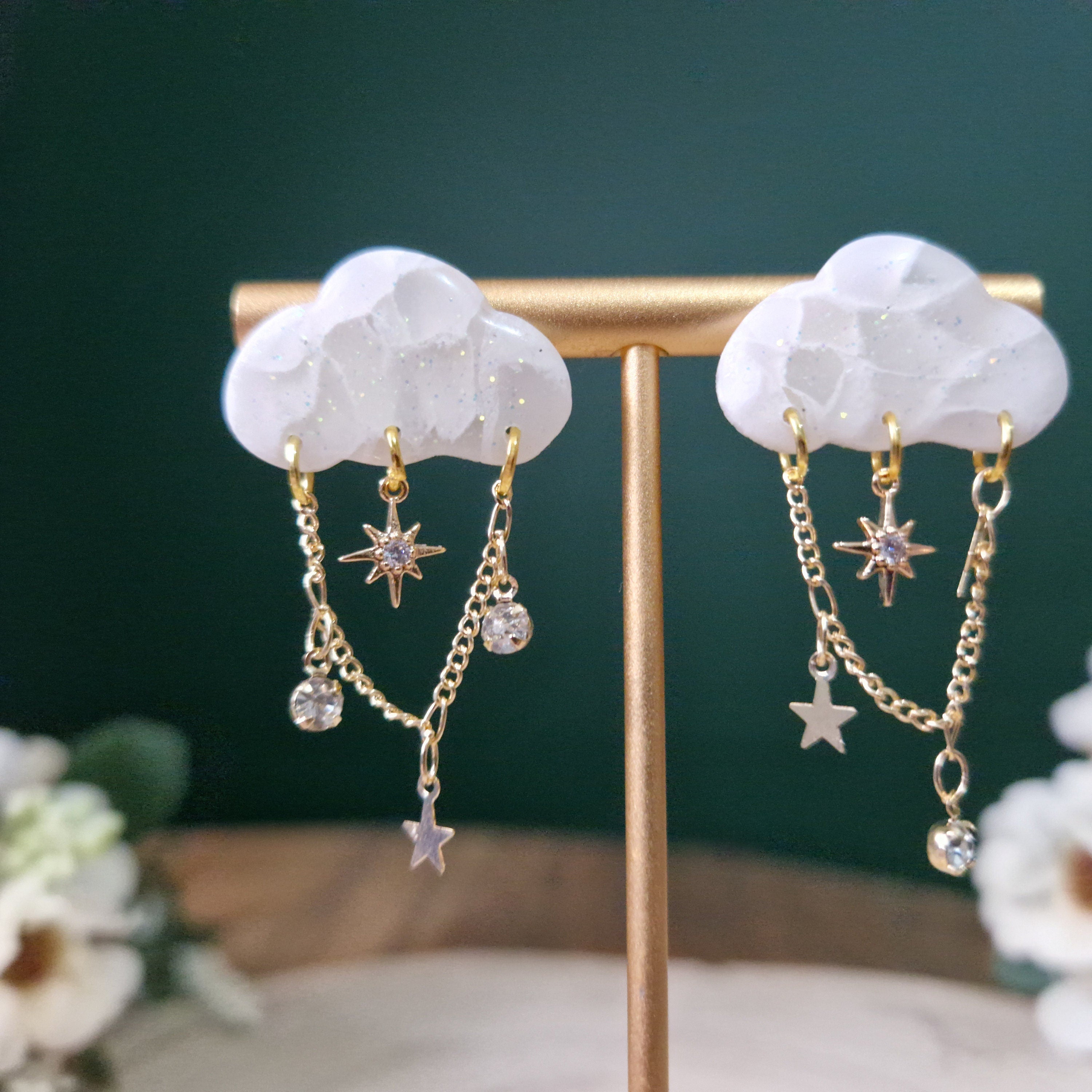 Dainty Cloud Stud Earrings: 18k Gold CZ Star Dangle Earrings