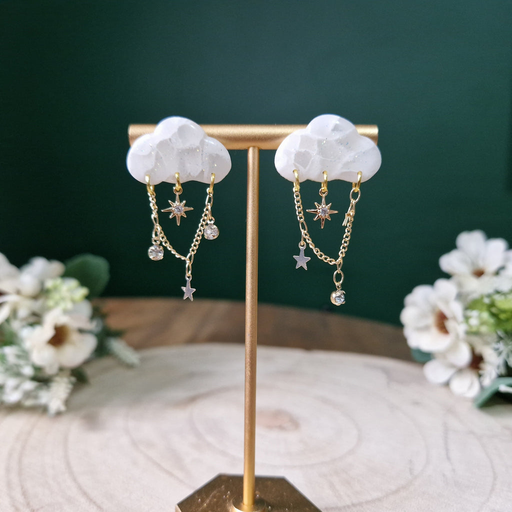 Dainty Cloud Stud Earrings: 18k Gold CZ Star Dangle Earrings
