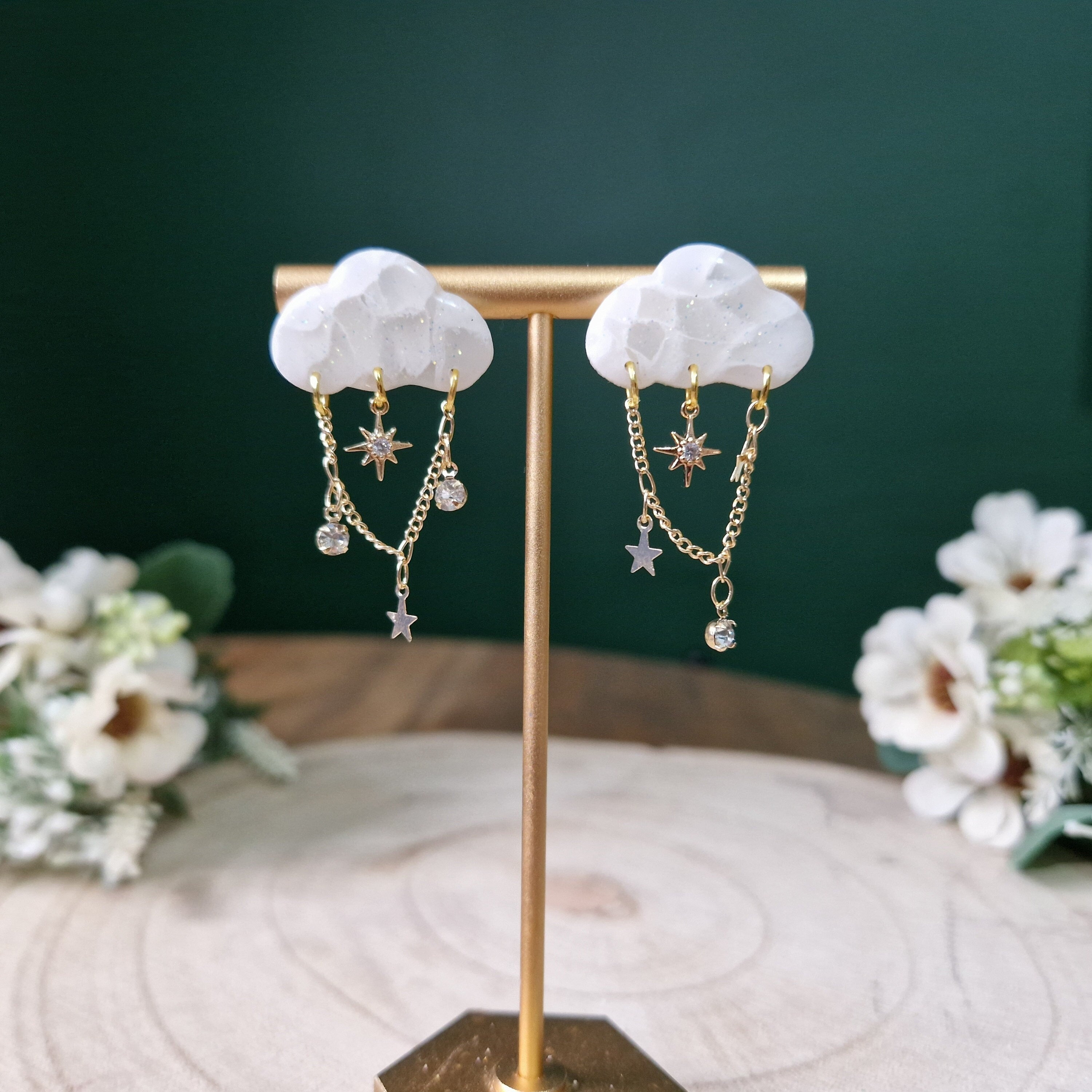 Dainty Cloud Stud Earrings: 18k Gold CZ Star Dangle Earrings