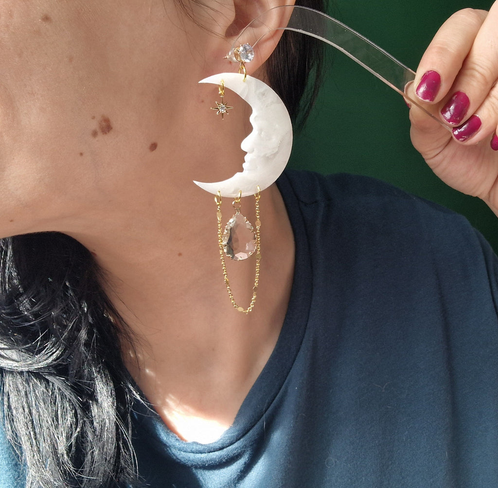 Clay Moon Dangle Earrings, CZ Star Charm, Gold Chain