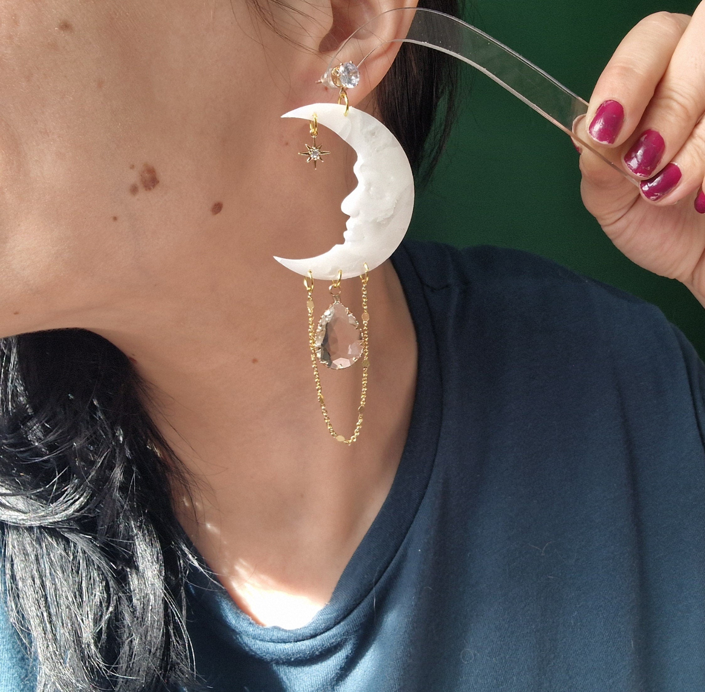 Clay Moon Dangle Earrings, CZ Star Charm, Gold Chain
