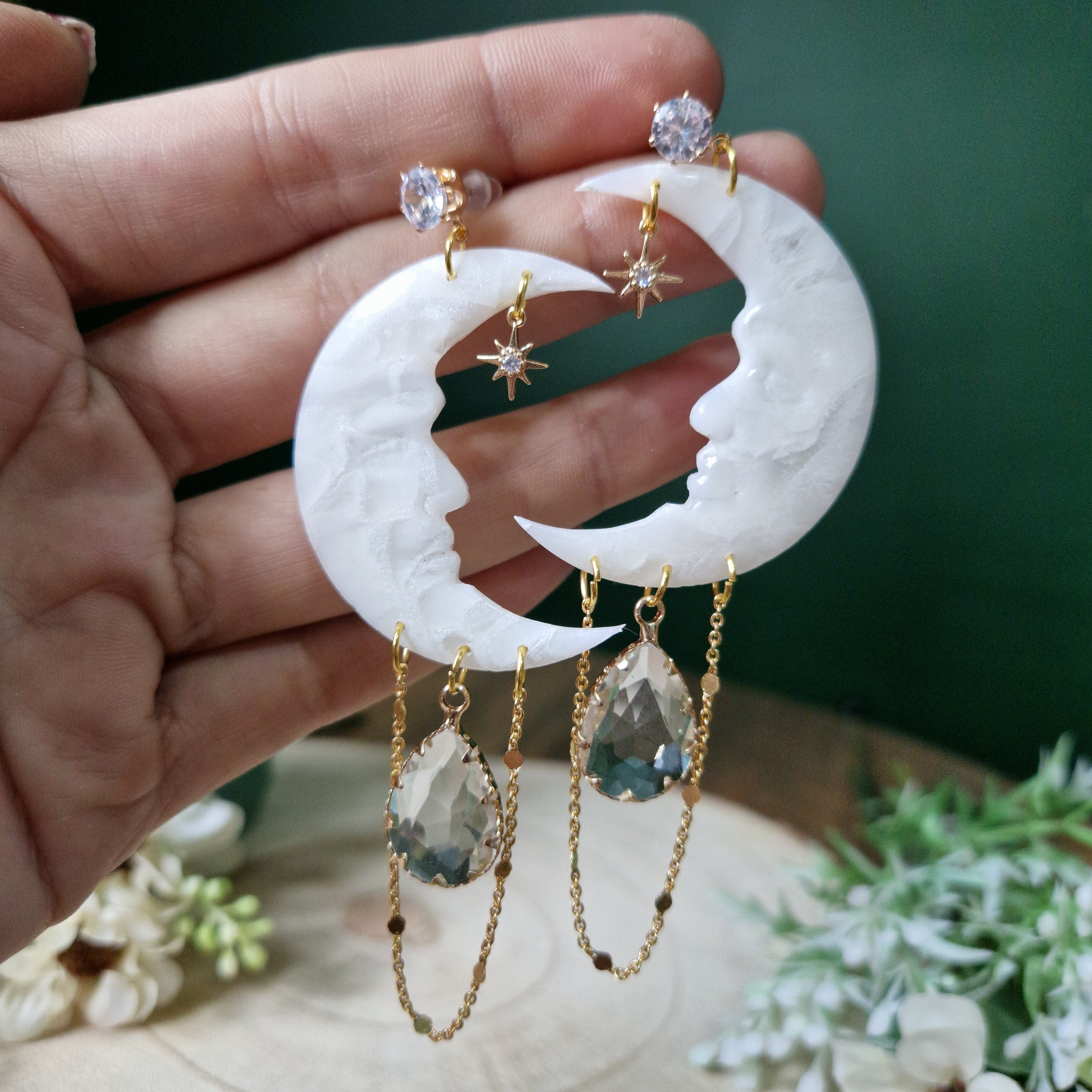 Clay Moon Dangle Earrings, CZ Star Charm, Gold Chain