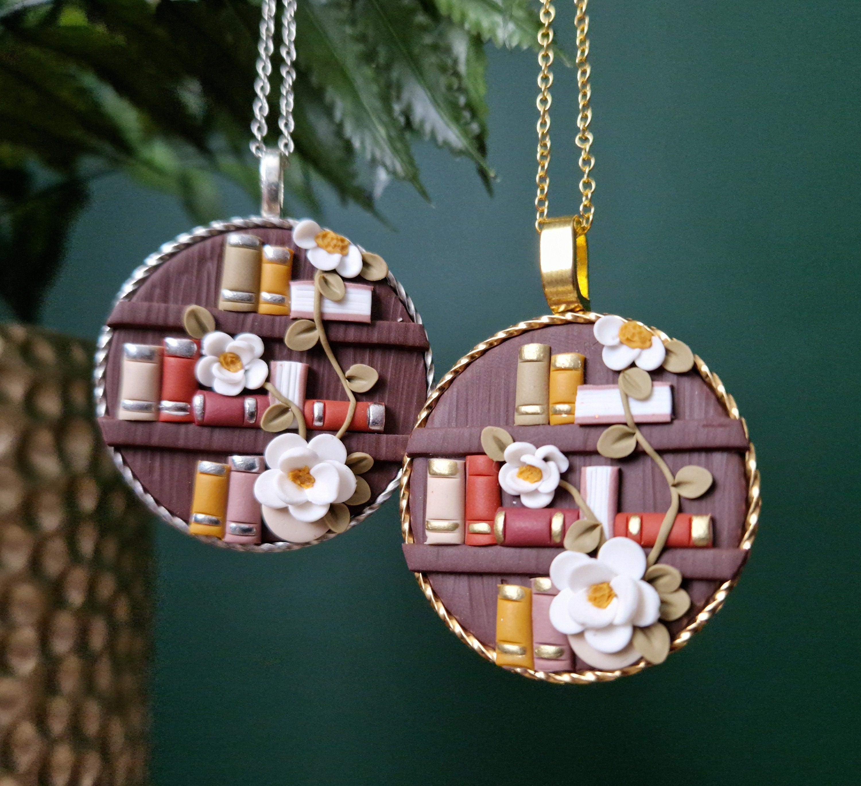 Floral Bookcase Necklace, Polymer Clay Pendant, Handmade Book Lover Jewellery