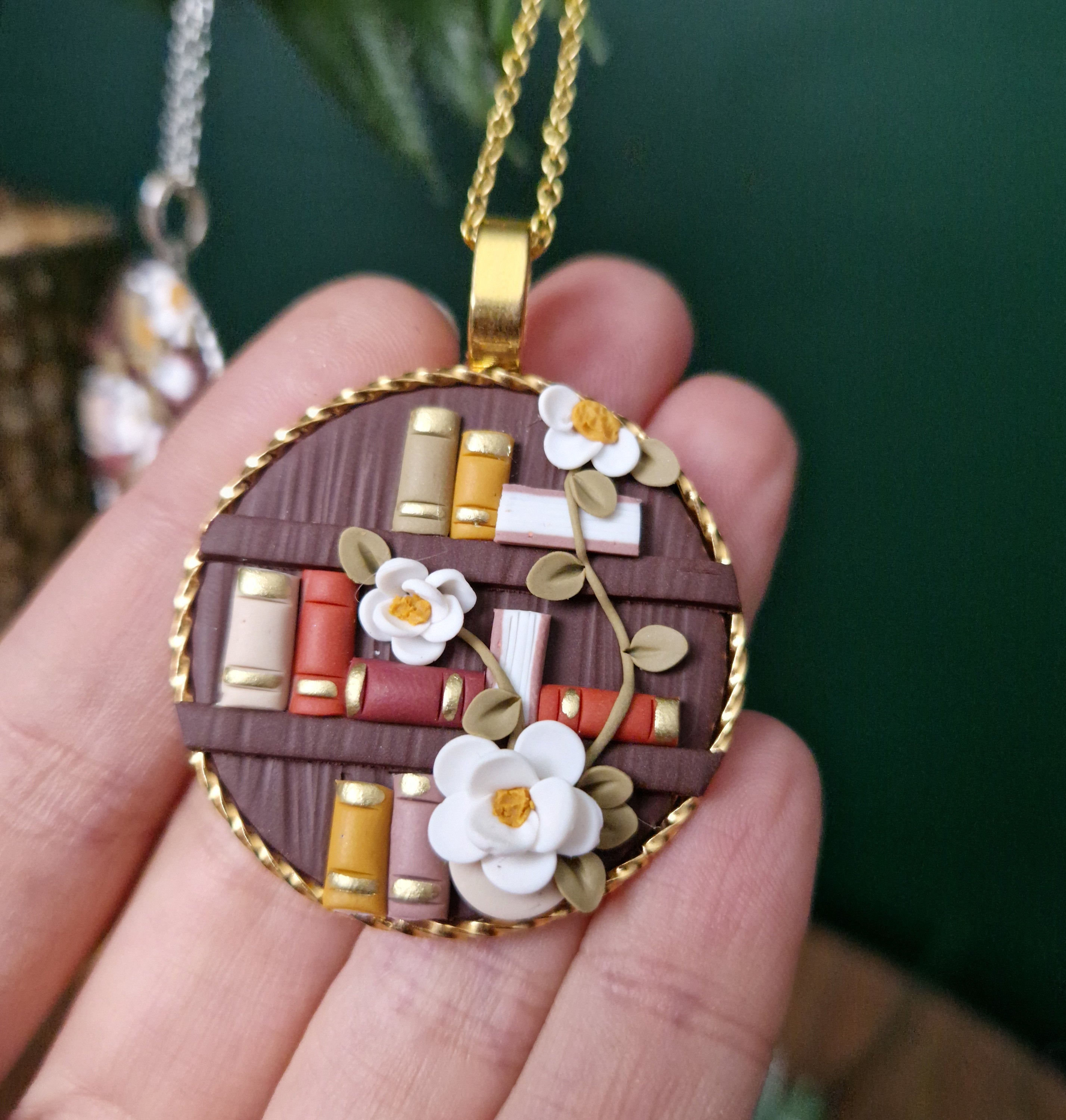 Floral Bookcase Necklace, Polymer Clay Pendant, Handmade Book Lover Jewellery
