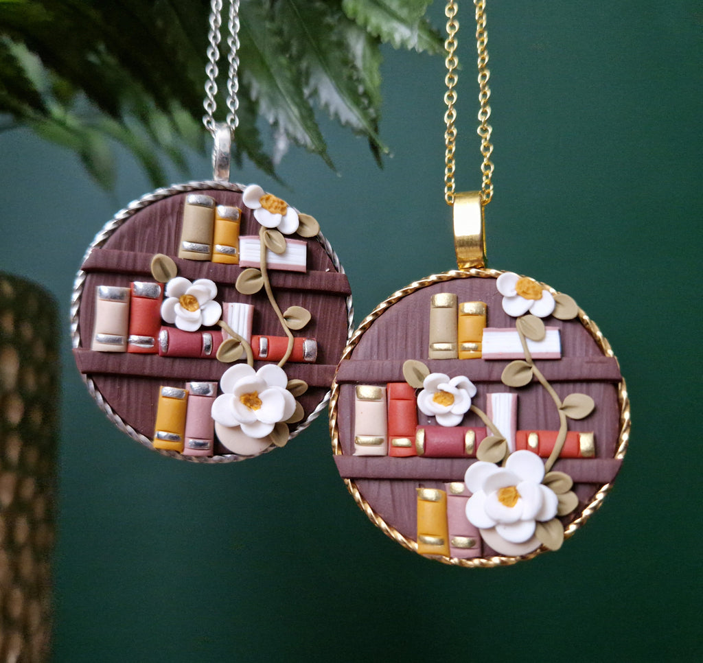 Floral Bookcase Necklace, Polymer Clay Pendant, Handmade Book Lover Jewellery