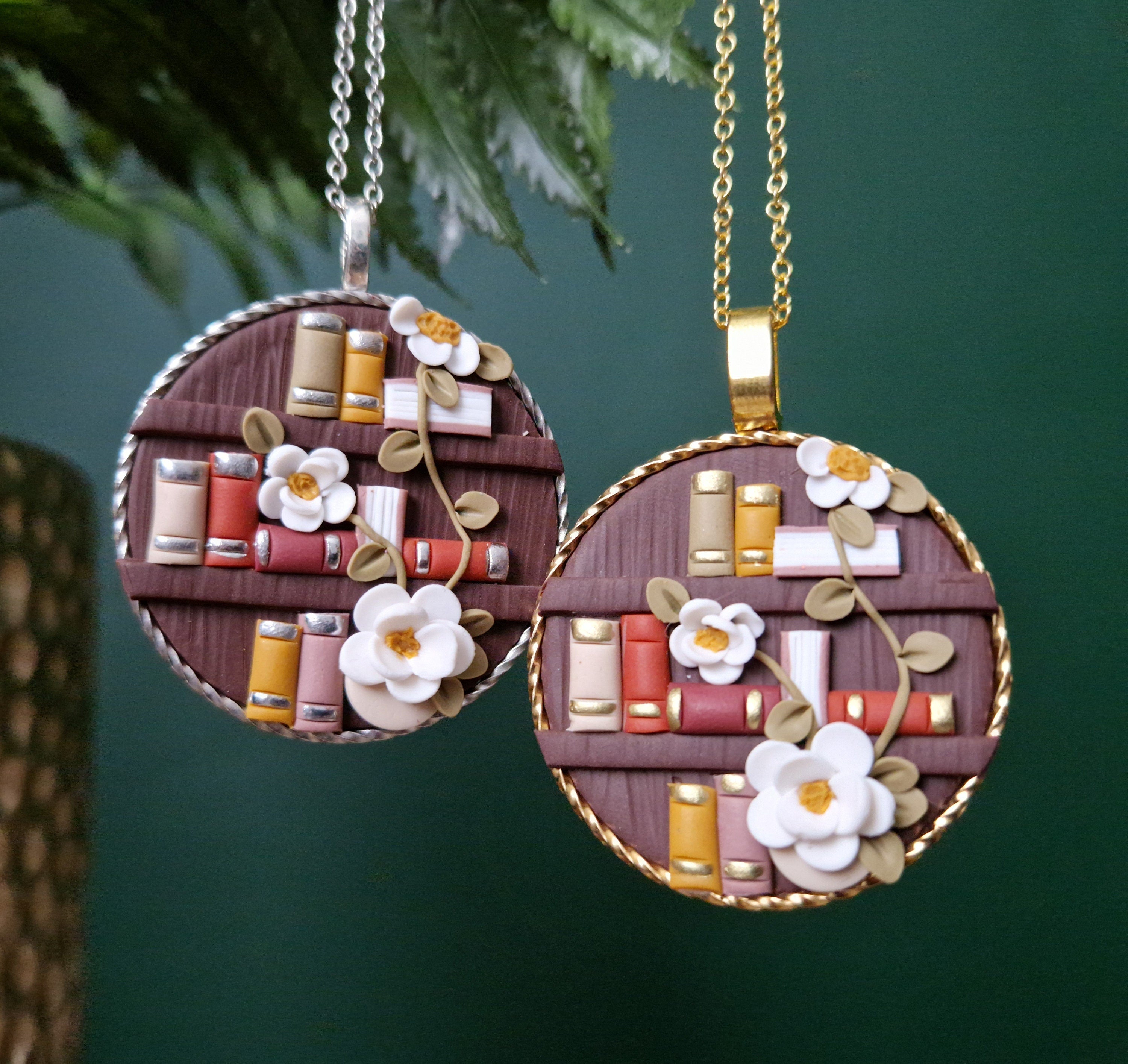 Floral Bookcase Necklace, Polymer Clay Pendant, Handmade Book Lover Jewellery