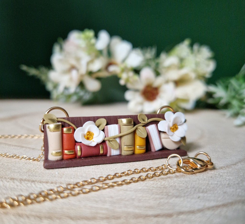 Clay Bookcase Necklace: Handcrafted Floral Gold Plated Bezel