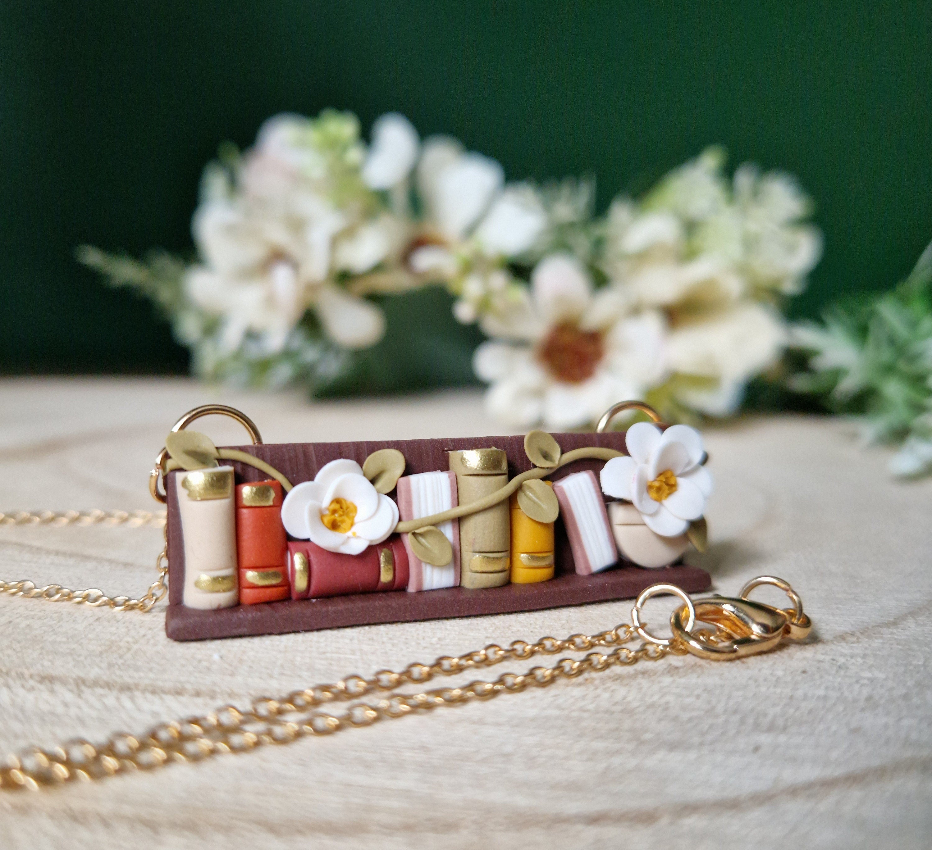 Clay Bookcase Necklace: Handcrafted Floral Gold Plated Bezel