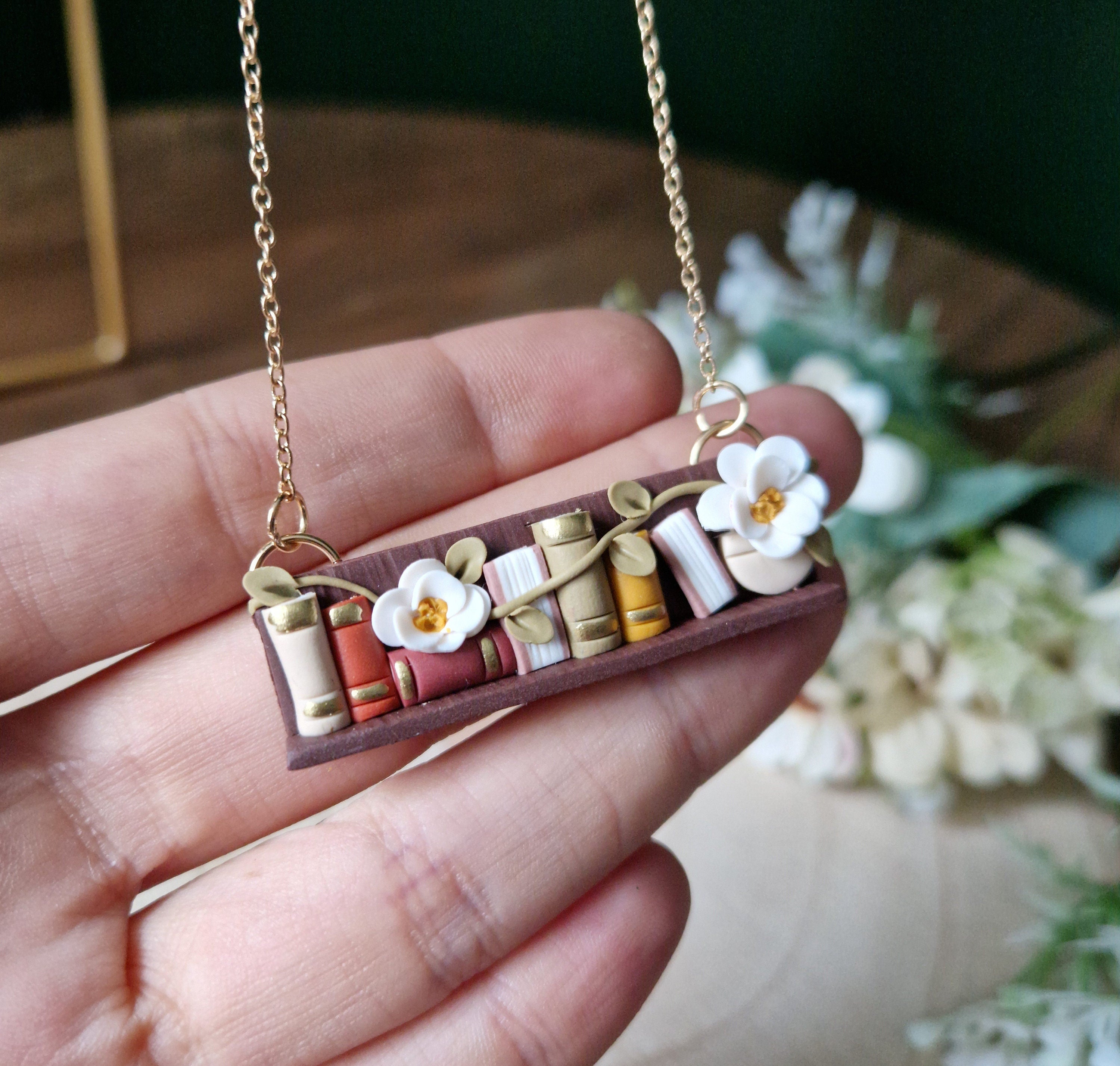 Clay Bookcase Necklace: Handcrafted Floral Gold Plated Bezel
