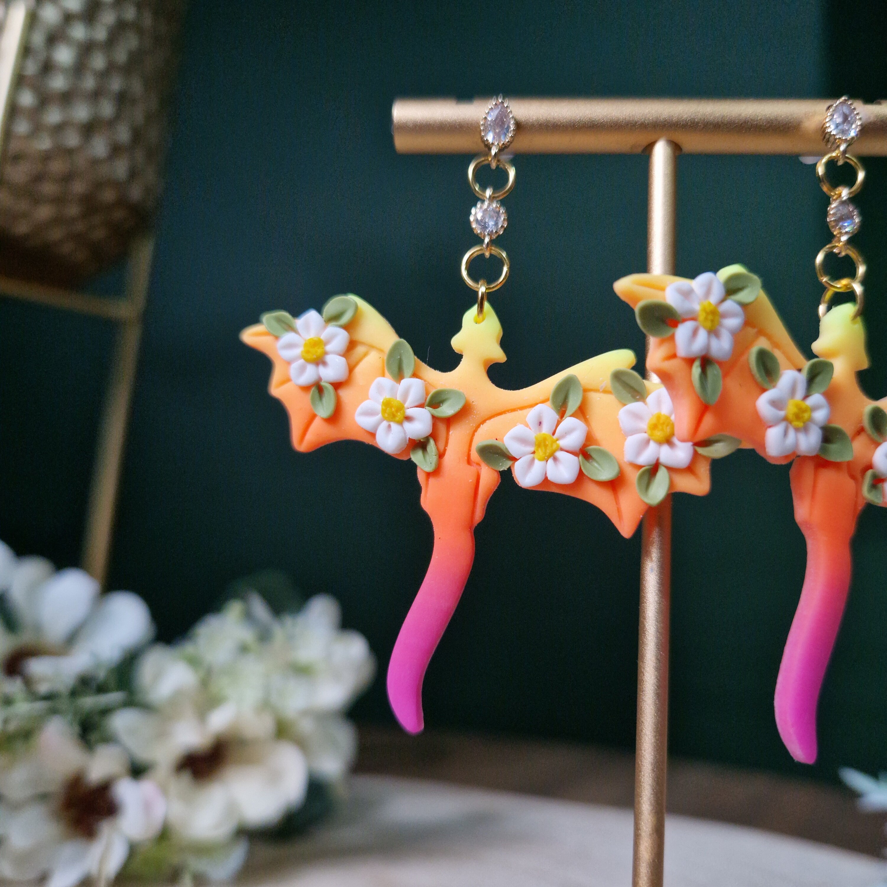 sunset daisy dragon earrings - gothic jewellery - gift ideas for her - elegant clay earrings