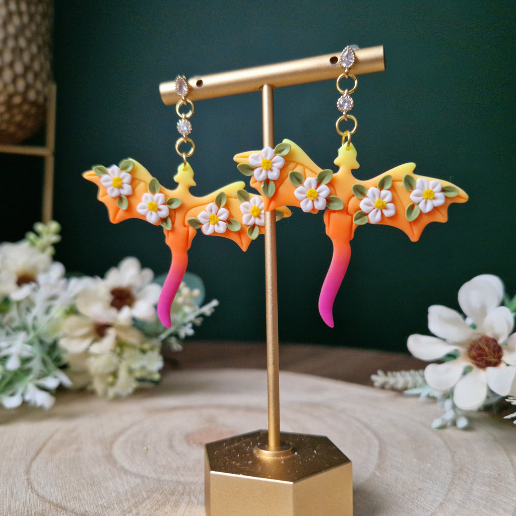 sunset daisy dragon earrings - gothic jewellery - gift ideas for her - elegant clay earrings