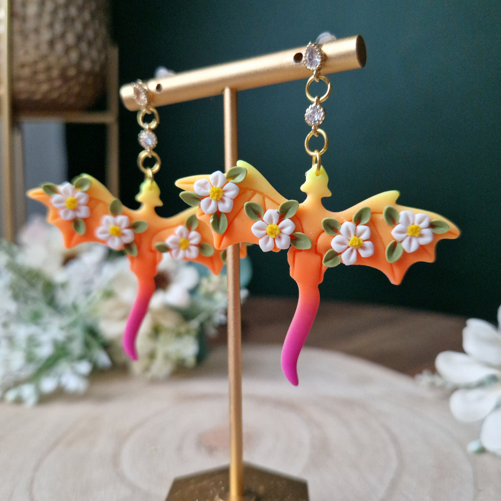 sunset daisy dragon earrings - gothic jewellery - gift ideas for her - elegant clay earrings