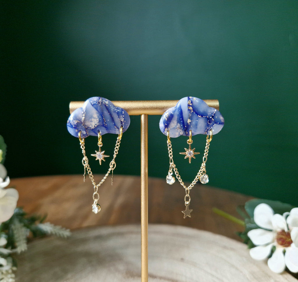 Stormy Cloud Stud Earrings: Navy, Gold Flake, CZ Star Dangle