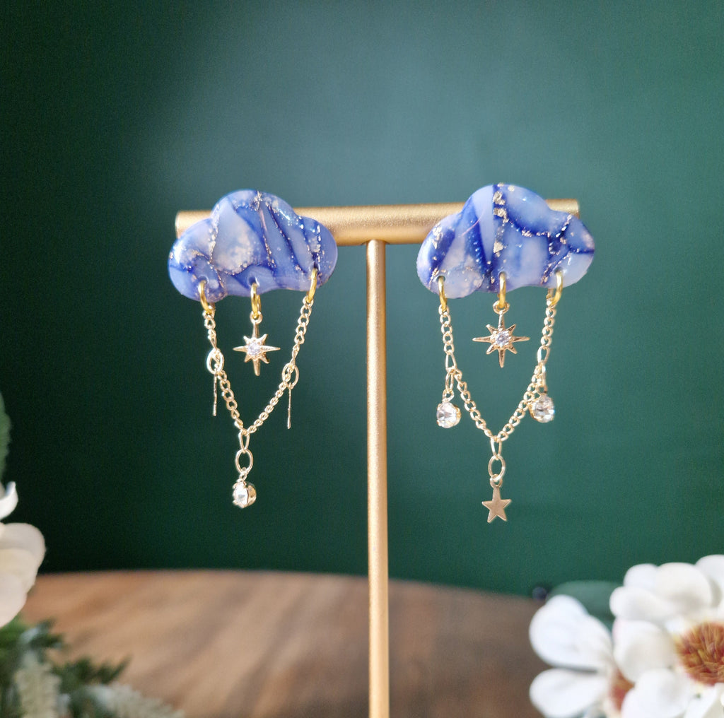 Stormy Cloud Stud Earrings: Navy, Gold Flake, CZ Star Dangle