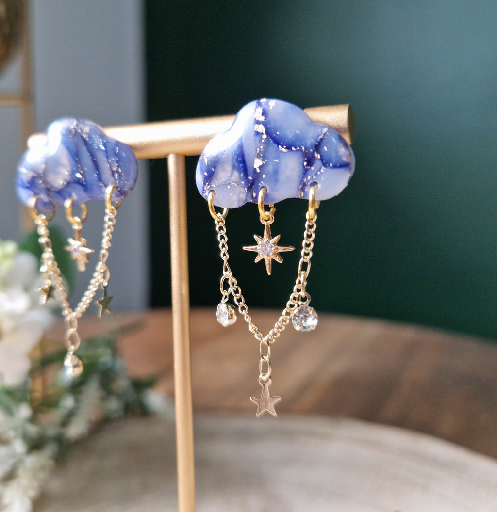 Stormy Cloud Stud Earrings: Navy, Gold Flake, CZ Star Dangle